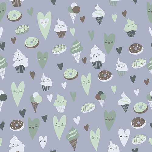 Beautiful seamless pattern of delicious cupcakes, hearts,donuts, on a gray background