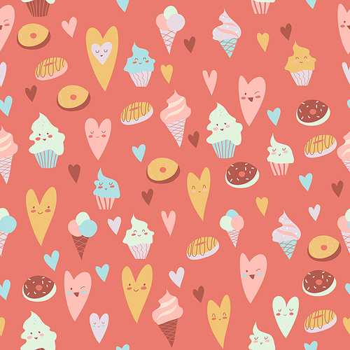 Beautiful seamless pattern of delicious cupcakes, hearts,donuts, on a gray background