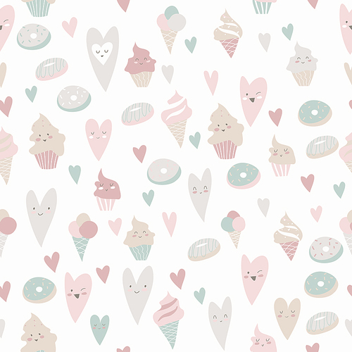 Beautiful seamless pattern of delicious cupcakes, hearts,donuts, on a gray background