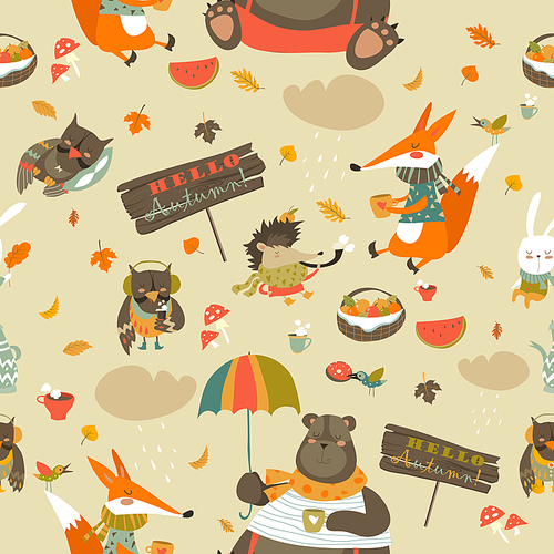 Vector autumn forest seamless pattern with cute animals