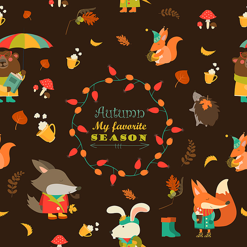 Vector autumn forest seamless pattern with cute animals