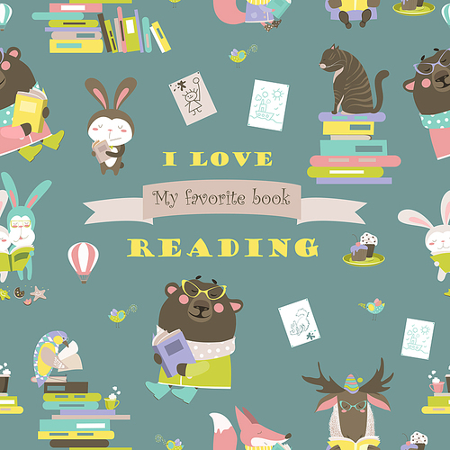 Vector seamless pattern with animals reading books