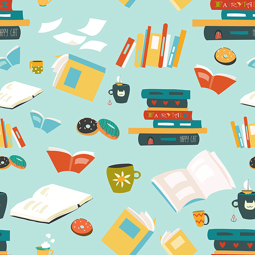 Vector seamless pattern with books and cups