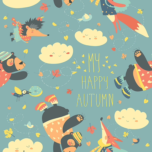 Vector autumn forest seamless pattern with cute animals