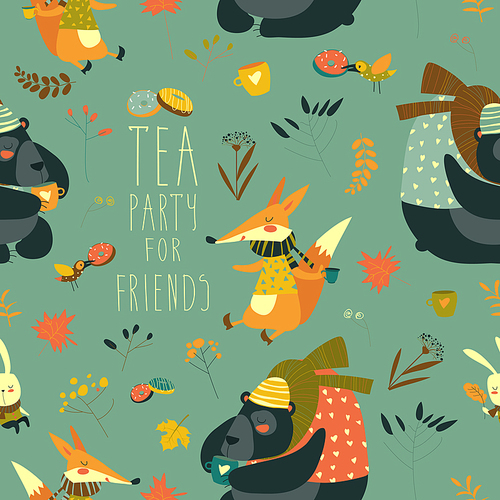 Vector autumn forest seamless pattern with cute animals