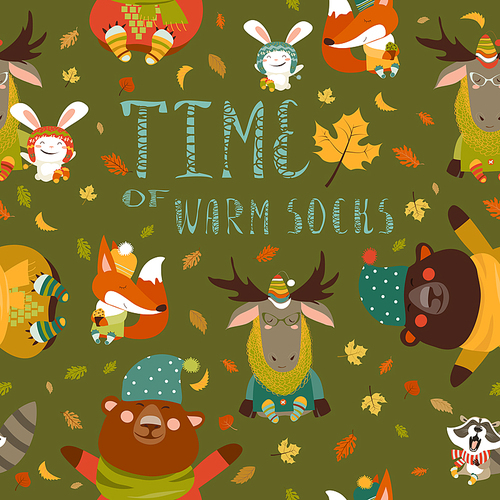 Vector autumn forest seamless pattern with cute animals