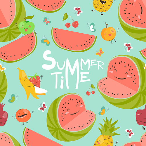 Vector seamless pattern with cute summer fruits