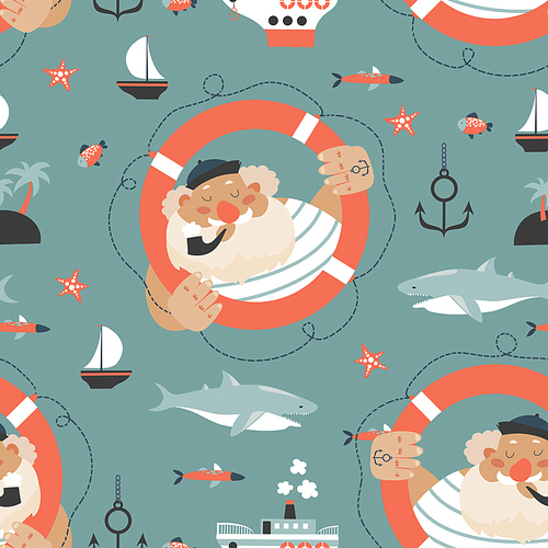 Seamless vector pattern with old sailor,lifebuoy,fish,vessel and anchor