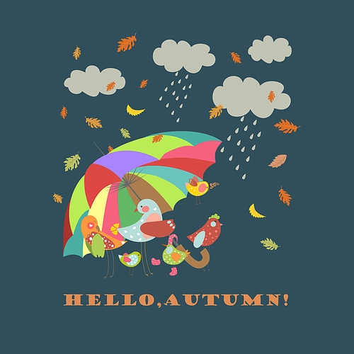 Colorful cute birds under umbrella. Hello,Autumn. Autumn vector illustration