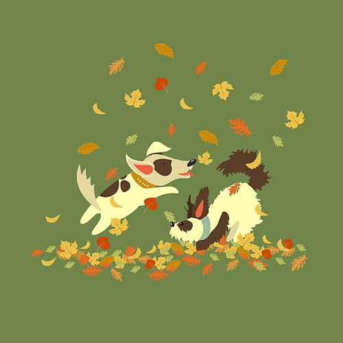Funny dogs playing with autumn leaves. Vector illustration
