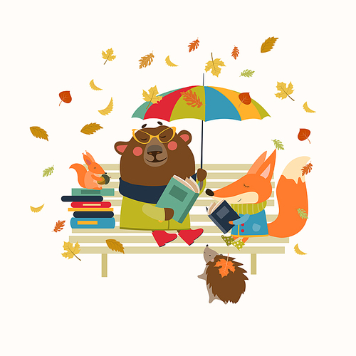 Fox,bear, hedgehog and little squirrel reading books on bench. Vector isolated illustration