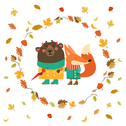 Fox and bear walking hand in hand in wreath of autumn leaves. Vector illustration