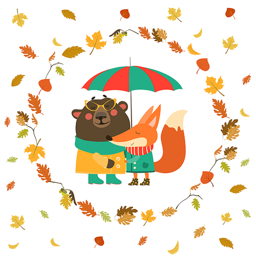 Cute fox and bear hugging under umbrella in wreath of autumn leaves. Vector illustration