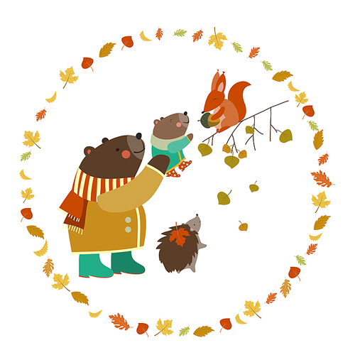 Bear, bear cub, squirrel and hedgehog walking in the autumn forest. Vector illustration