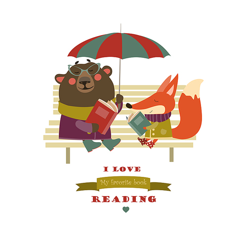 Cute fox and funny bear reading books on bench. Vector isolated illustration