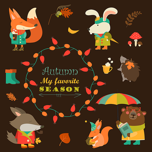 Cartoon characters and autumn elements. Vector collection