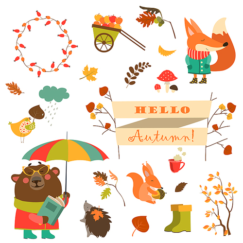 Cartoon characters and autumn elements. Vector collection