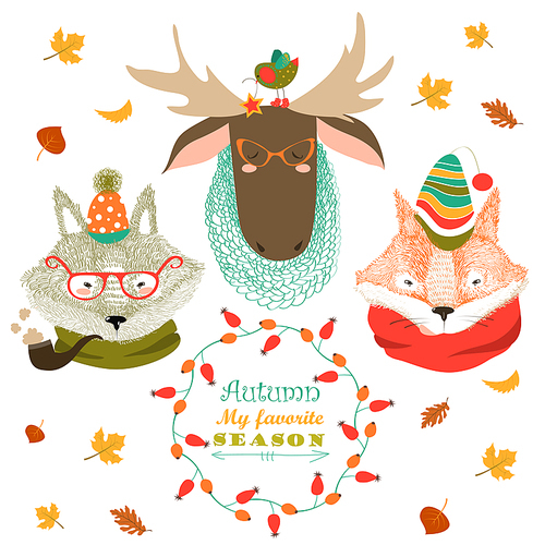 Set of cute animals faces. Wolf,fox,elk in autumn clothes