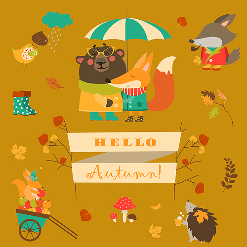 Cartoon characters and autumn elements. Vector collection