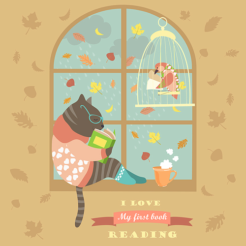 Funny cat reading by the window. Vector illustration