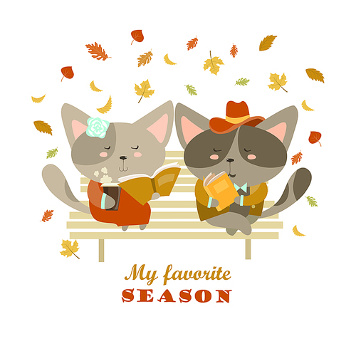 Couple of cats sitting on bench reading books and flirting. Vector isolated illustration