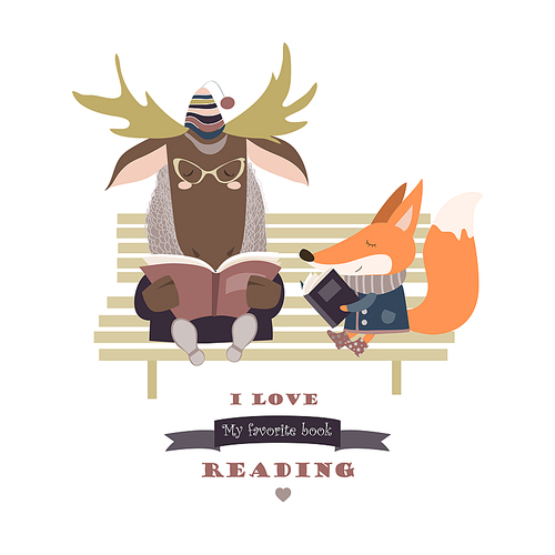 Cute fox and funny elk reading books on bench. Vector isolated illustration