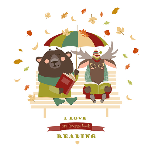 Cute bear and funny elk reading books on bench. Vector isolated illustration