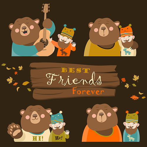 Funny bear and man are the best friends. Vector collection