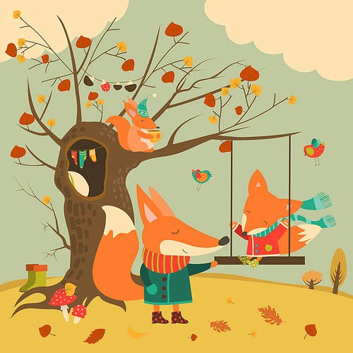 Cute foxes ride on a swing in the autumn forest. Vector illustration