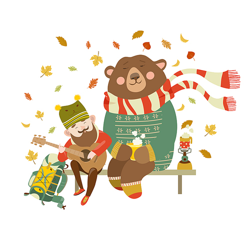 Cheerful tourist is playing guitar for the bear. Vector illustration