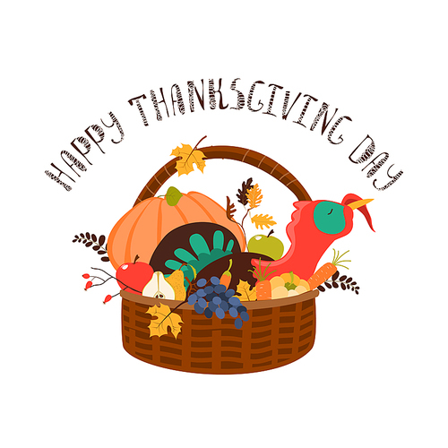 Wooden basket with turkey and vegetables. Happy Thanksgiving Day greeting card