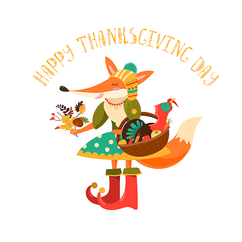 Thanksgiving day. Cute fox with turkey in the basket. Vector illustration