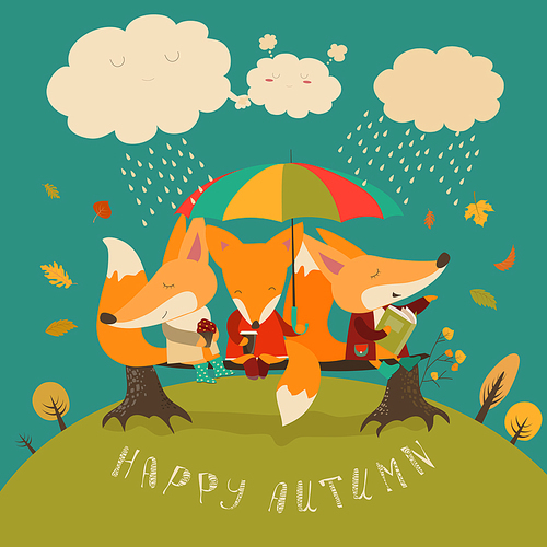 Cute foxes sitting under an umbrella on a log. Vector illustration
