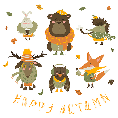 Cartoon characters and autumn elements. Vector collection