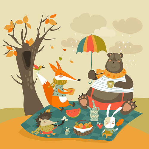 Animals at picnic in autumnal forest. Vector illustration
