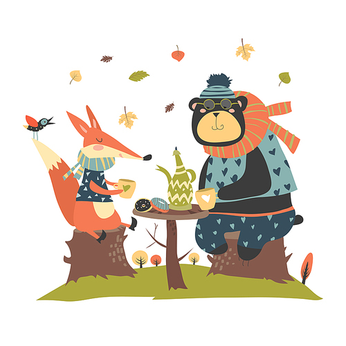 Cute fox with bear drinking tea in the autumn forest. Vector illustration