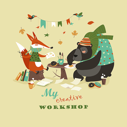 Cute fox and bear at creative workshop. Vector illustration