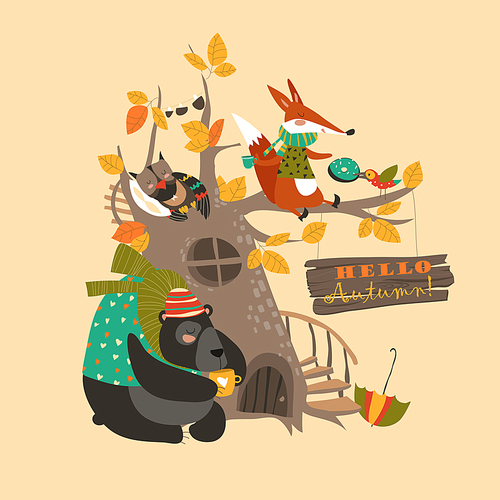 Funny animals on the autumn tree. Vector illustration