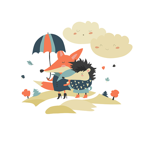 Cute fox and hedgehog walking under umbrella. Vector illustration