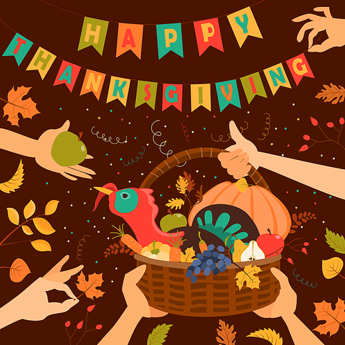 Wooden basket with turkey and vegetables. Happy Thanksgiving Day greeting card