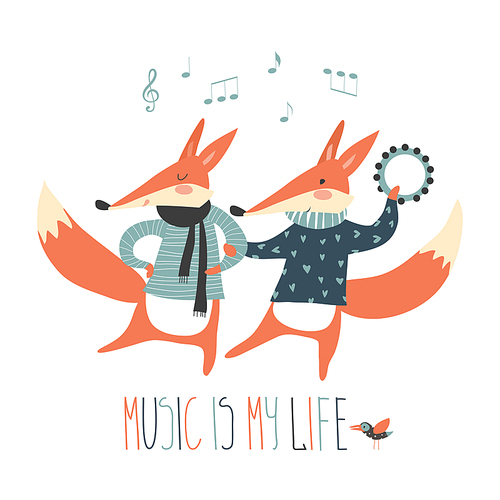 Cute cartoon fox. Cheerful dancing foxes on a white background. Music in my head