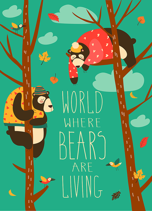 Funny bears are sitting on trees. Vector illustration