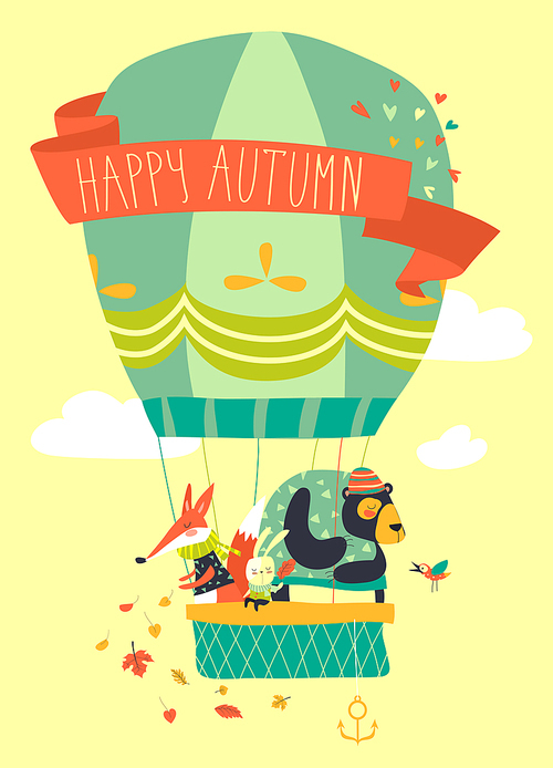 Funny friendly animals in hot air balloon. Vector illustration