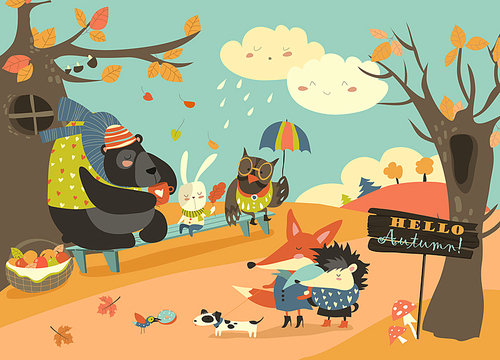 Cute animals walking in autumn forest. Vector illustration