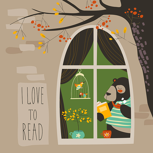 Bear reading a book near the window. Vector iluustration