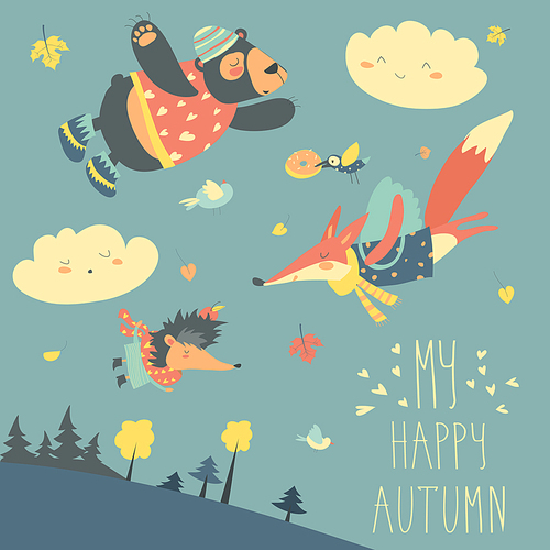 Cute animals and autumn leaves flying in the sky. Vector illustration