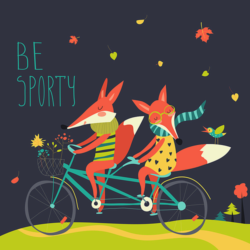 Cute couple foxes ride tandem bicycle.Vector illustration