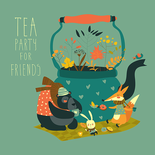 Cute animals friends sitting around teapot. Vector illustration