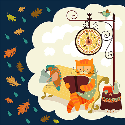 Vector cat and bird sitting on bench, reading books, under the clock