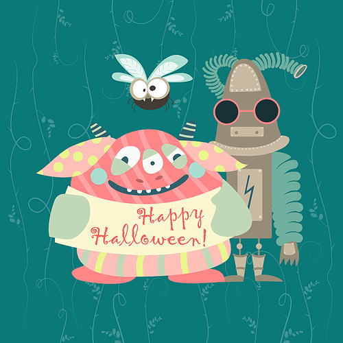 Cute colorful monsters.Happy halloween. Vector greeting card